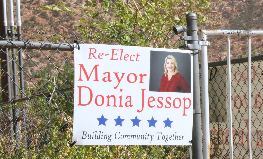 a reelection sign for hildale, utah, mayor donia jessop