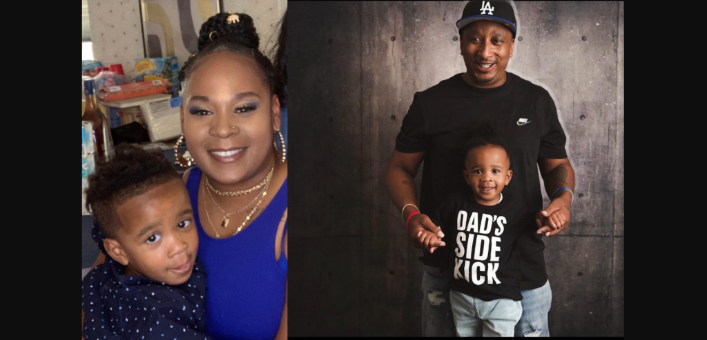 side-by-side photos showing a mother with her young son and a father with the same boy