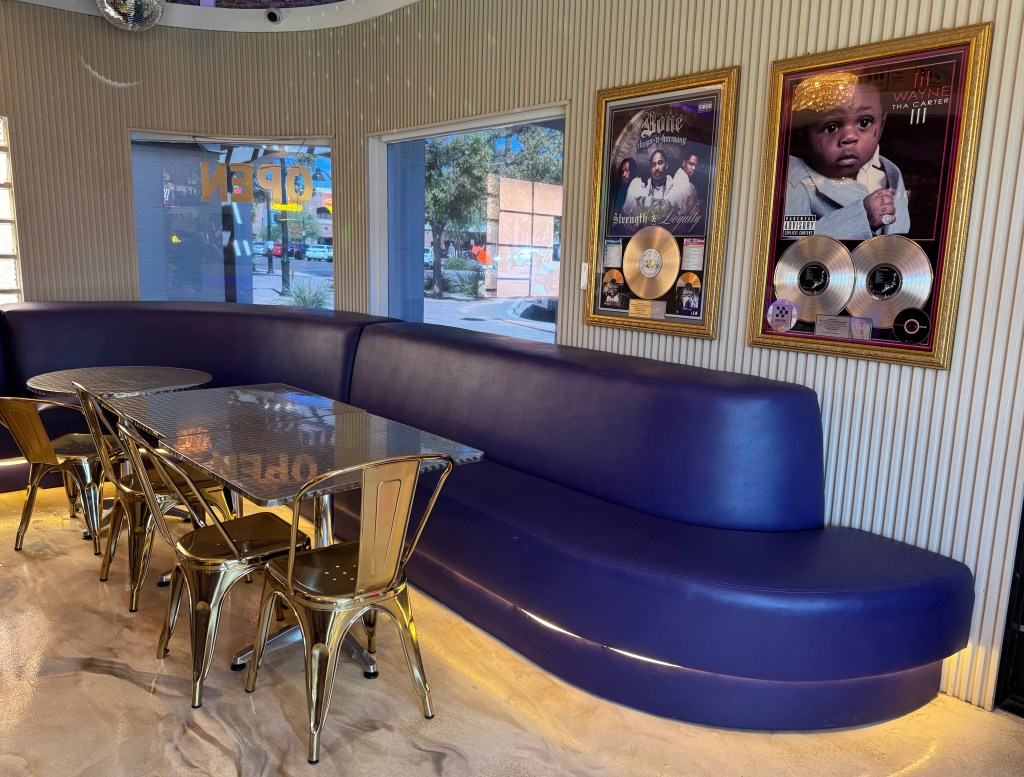 Purple wraparound booth in a dining room