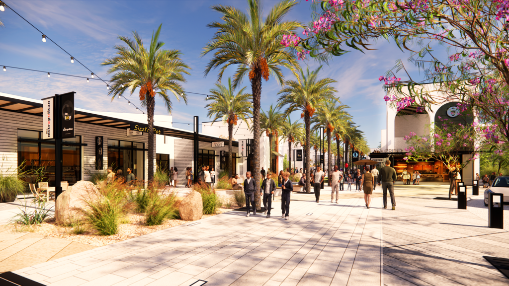 Retail spaces at an outdoor mall.