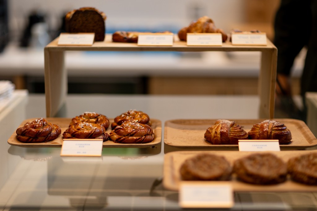 Pastries displayed on trays.