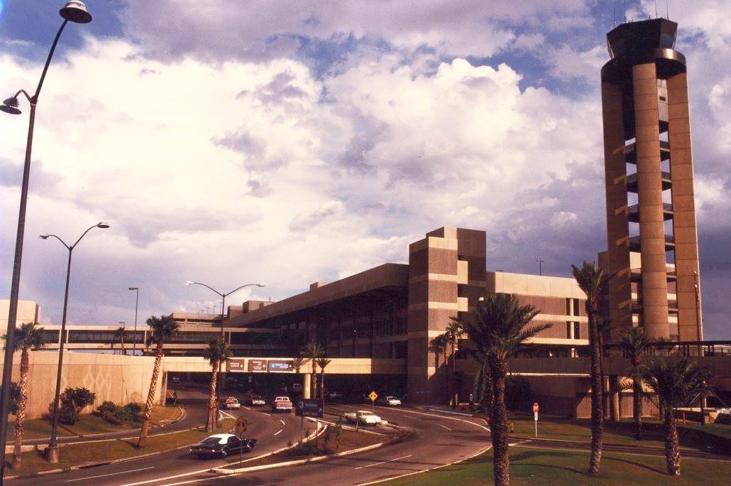 An airport and air traffic control tower.