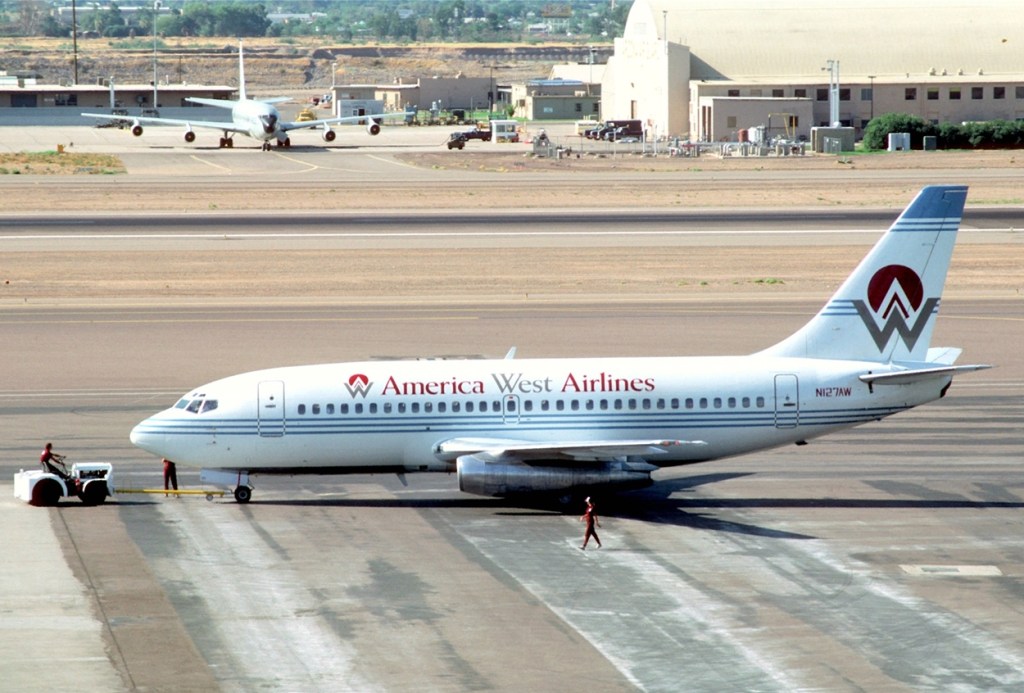 An America West Airlines jet on the tarmac at Phoenix Sky Harbor Airport.