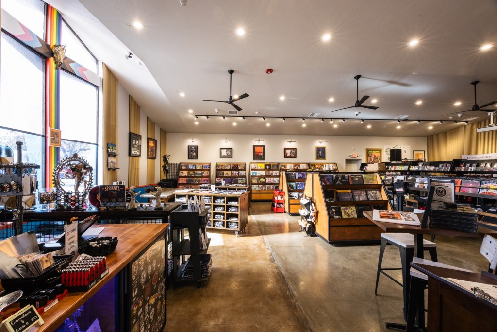 The interior of a record and merch store.