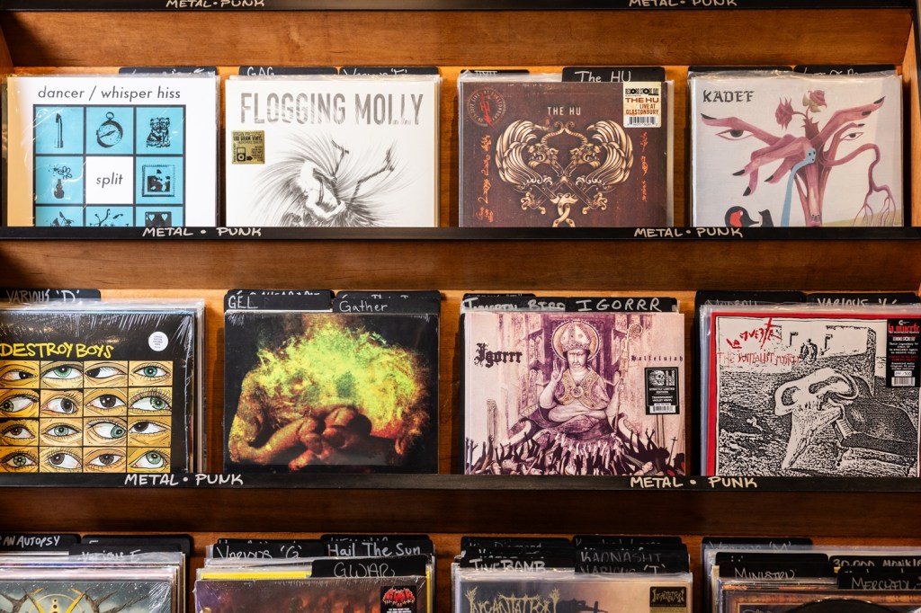 Record store shelves.