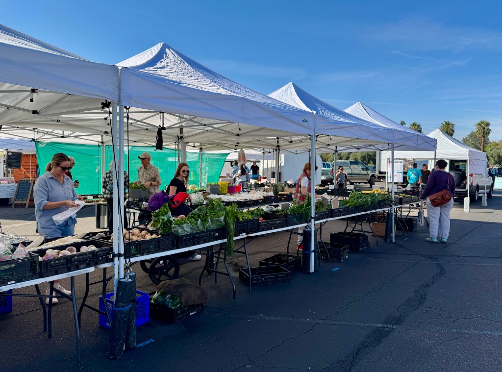 People shopping at a farm stall.