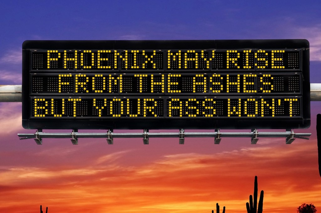 a highway safety sign that says "phoenix may rise from the ashes, but your ass won't"