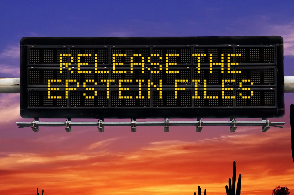 a highway safety sign that says "release the epstein files"