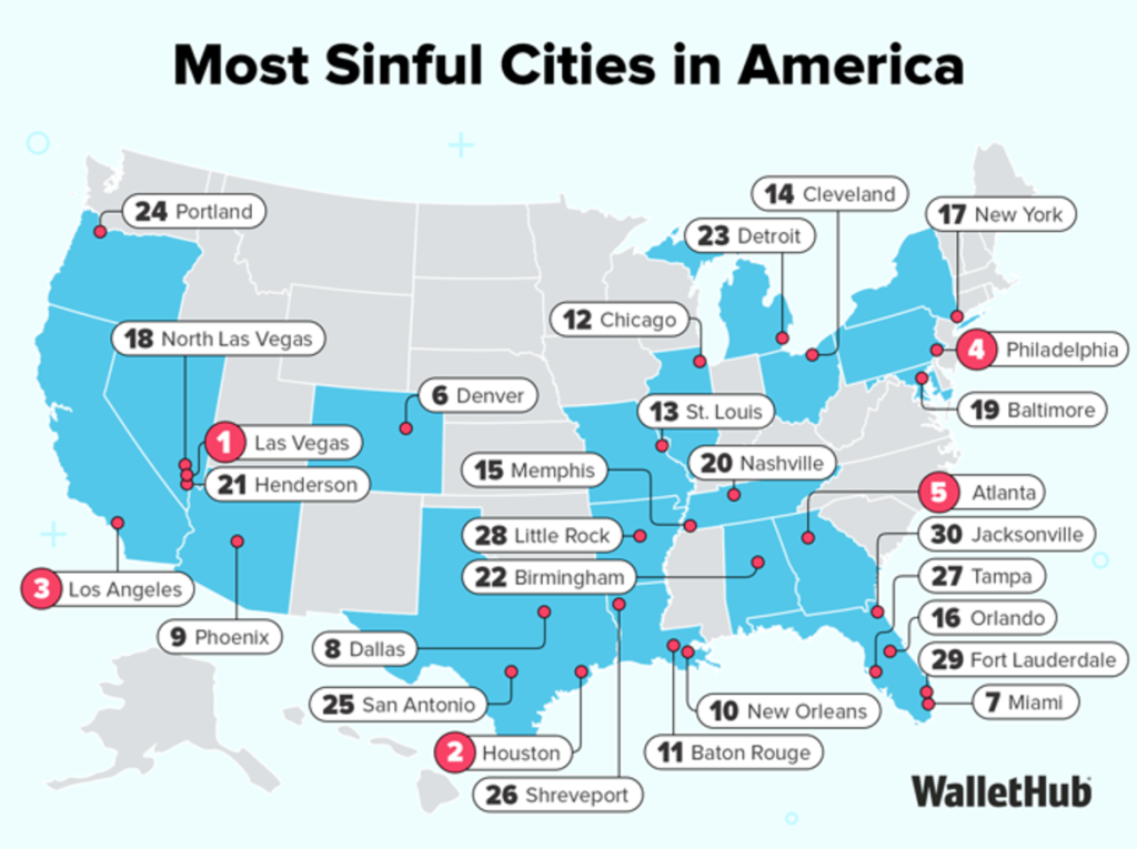 a map of the most sinful cities in america