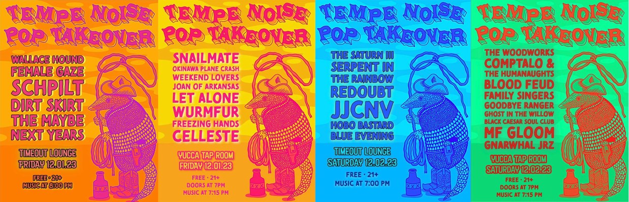 Colorful flyers for a music festival with names of bands on them.