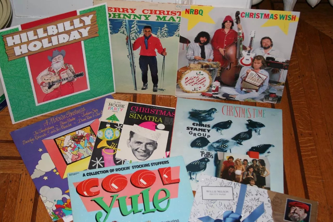 A collage of old Christmas records.