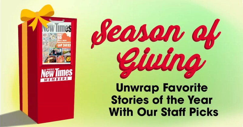 Graphic with a newsstand wrapped in a bow and the title "Season of Giving, unwrap favorite stories of the year with our staff picks."