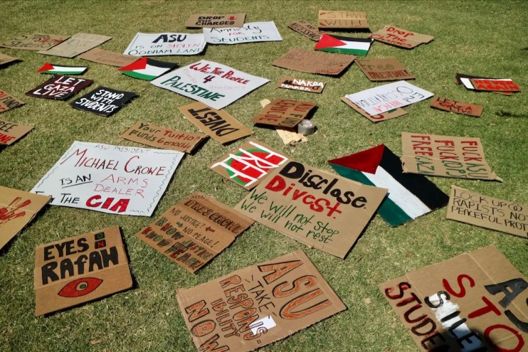 Cardboard signs lying on a green patch of grass.