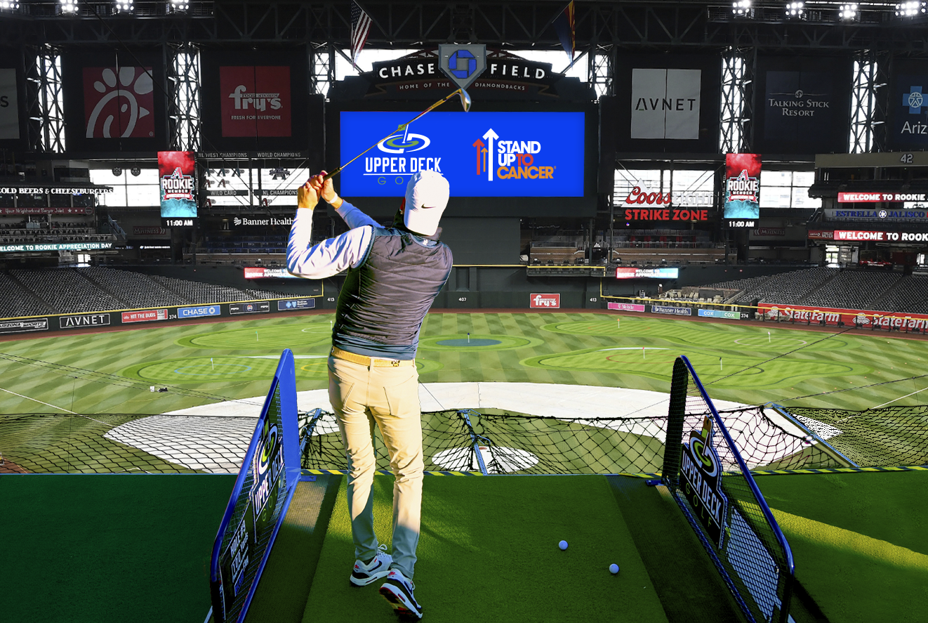 A man golfing in a baseball stadium.