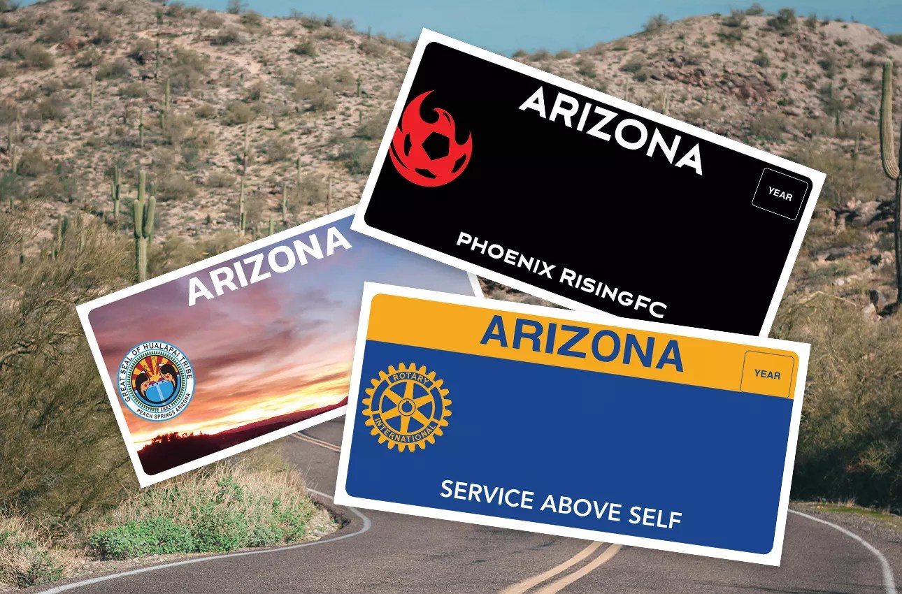 three arizona license plates against a highway background