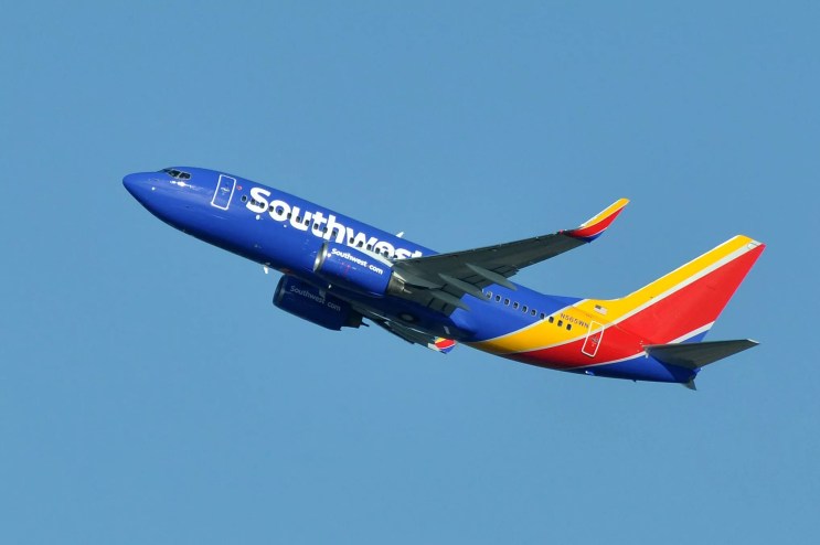 a southwest airlines plane in the air