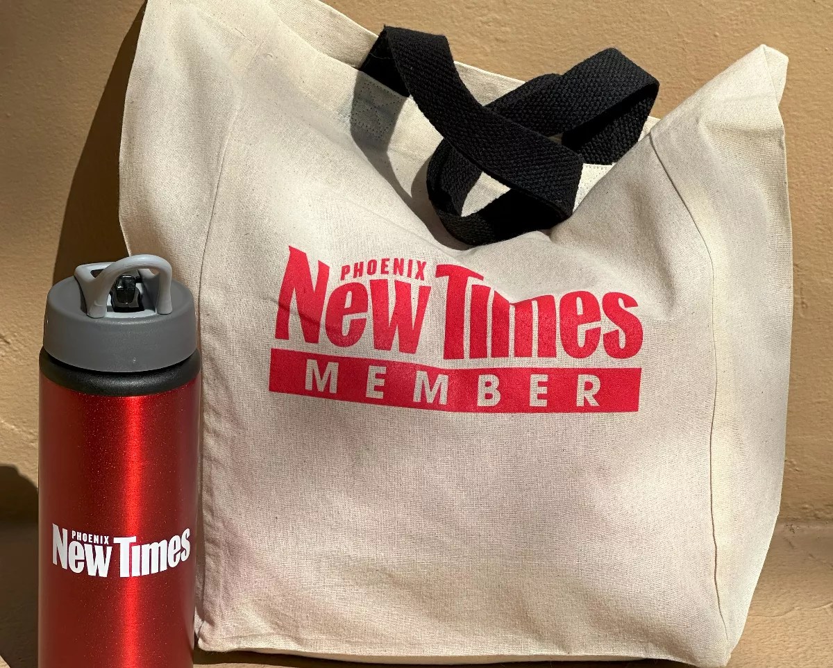 a Phoenix New Times tote bag and red water bottle
