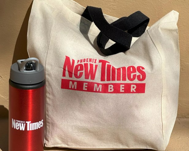 a Phoenix New Times tote bag and red water bottle