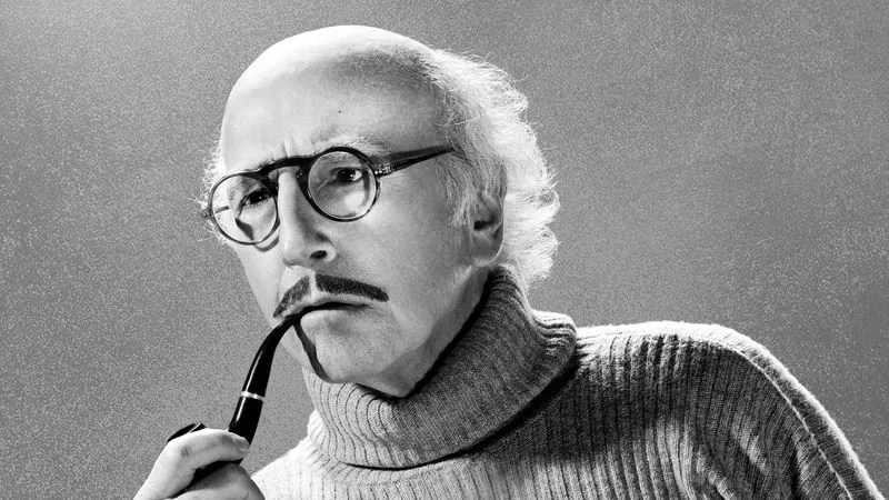 Black and white photo of Larry David with a mustache and pipe.