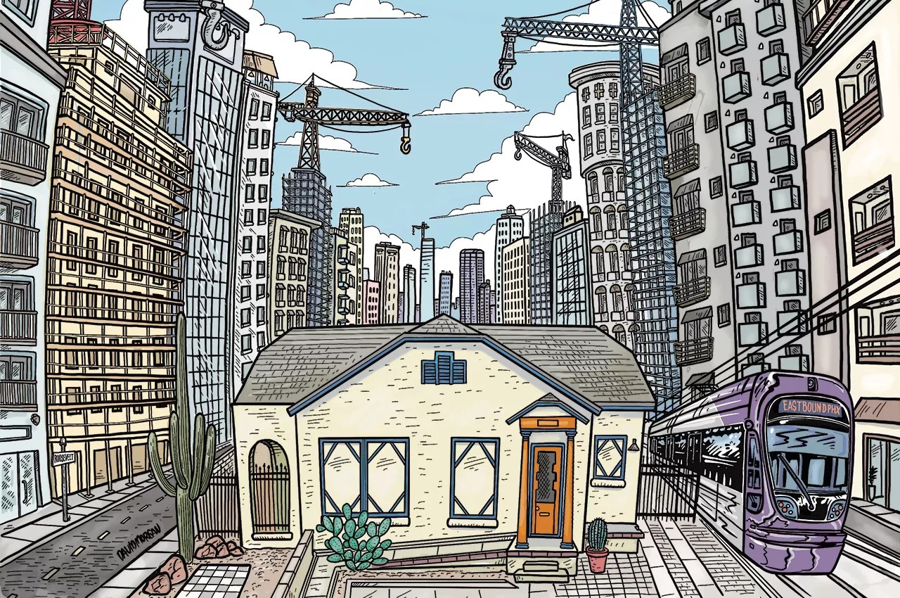 an illustration of a small, phoenix-style house amid construction in a big city