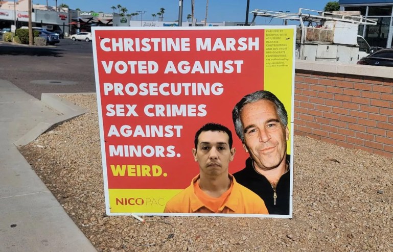 a sign that says "Christine Marsh voted against prosecuting sex crimes against minors. Weird." It features the images of Jeffrey Epstein and Tony Navarrete