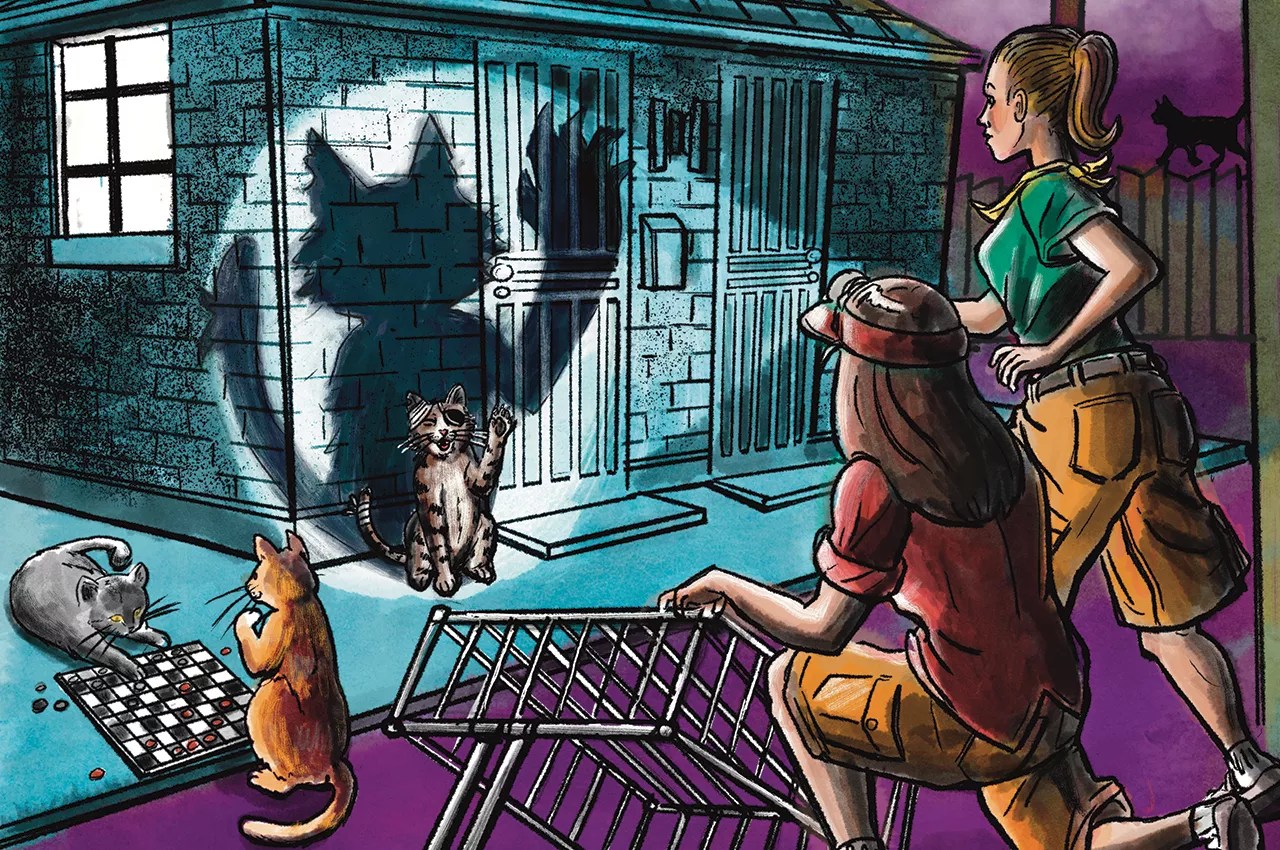 an illustration of two women with a flashlight at night, pointing it at a cat waving hello against a house. in the foreground, two cats play checkers
