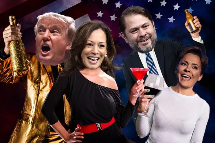 photoshops of donald trump, kamala harris, ruben gallego and kari lake drinking alcohol