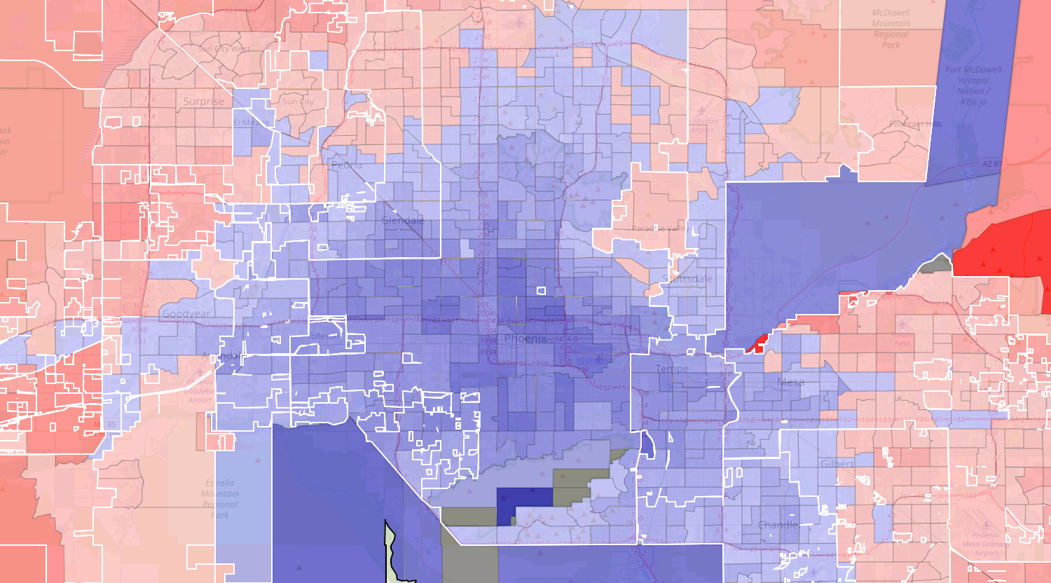 a map of maricopa county with voting precincts shaded red or blue