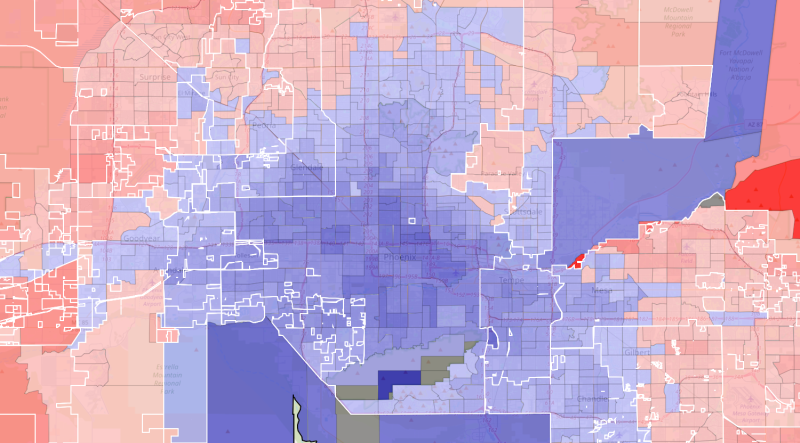 a map of maricopa county with voting precincts shaded red or blue