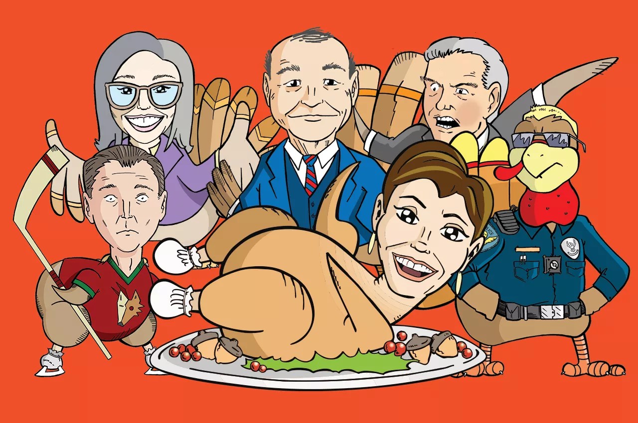 cartoon turkeys of kari lake, katie hobbs, alex meruelo, tom horne, a phoenix police officer and skip hall