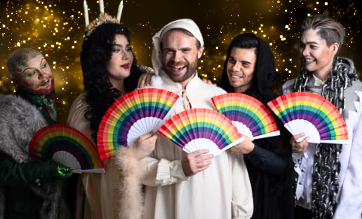 A group of people in old-fashioned clothing holding rainbow-colored fans.