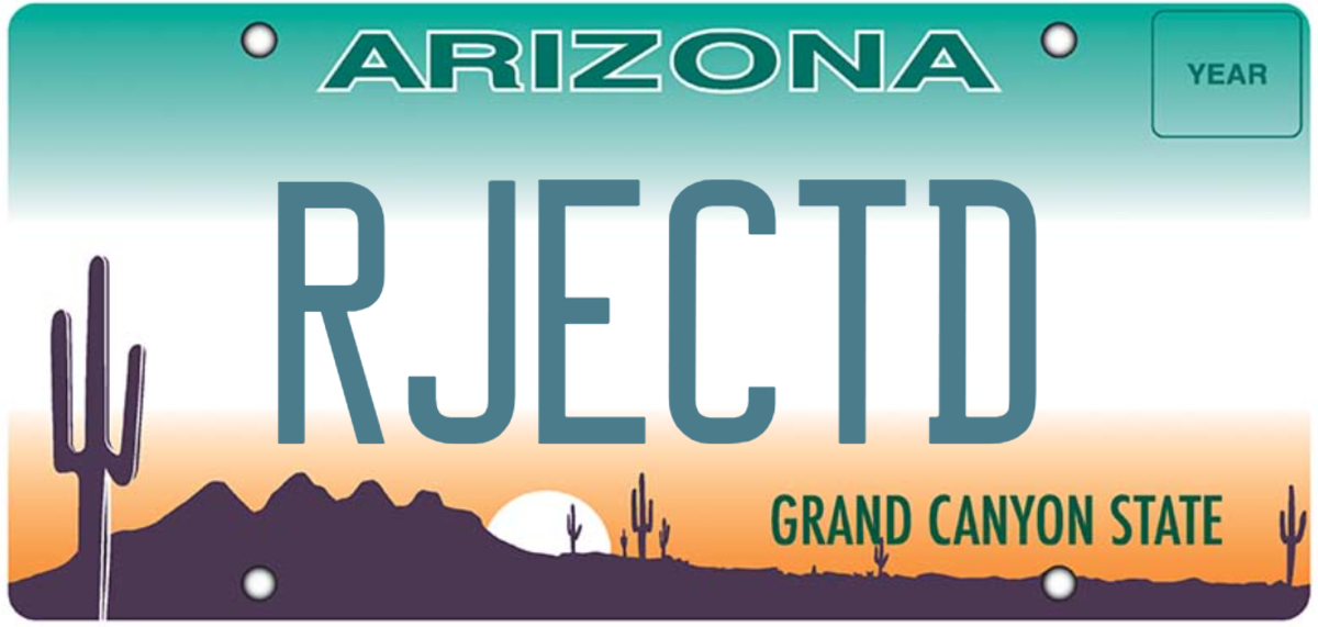 an arizona license plate that says "RJECTD"
