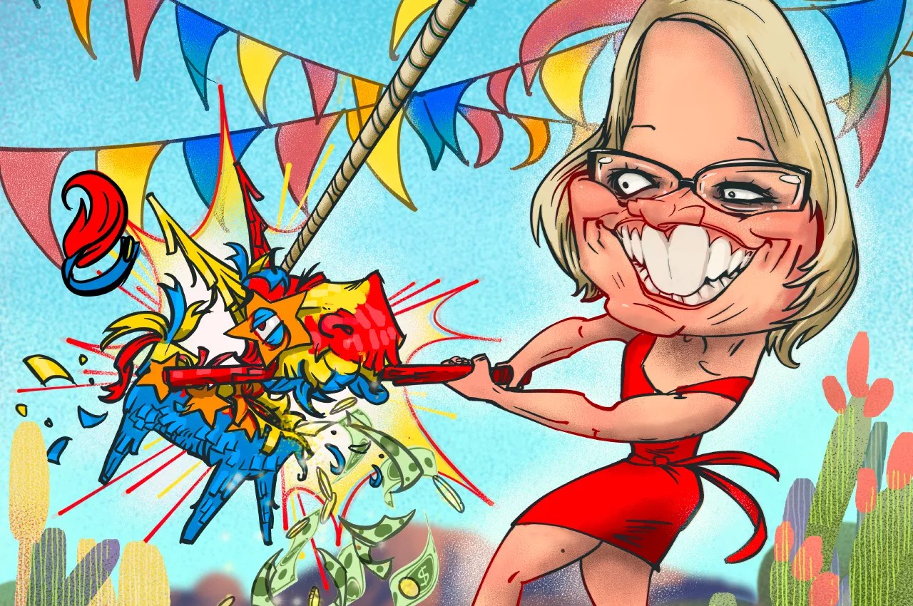 a caricature of kyrsten sinema hitting a donkey pinata
