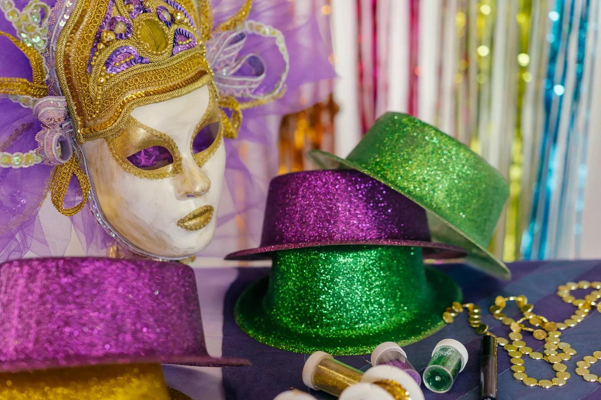 A staged photo of Mardi Gras items