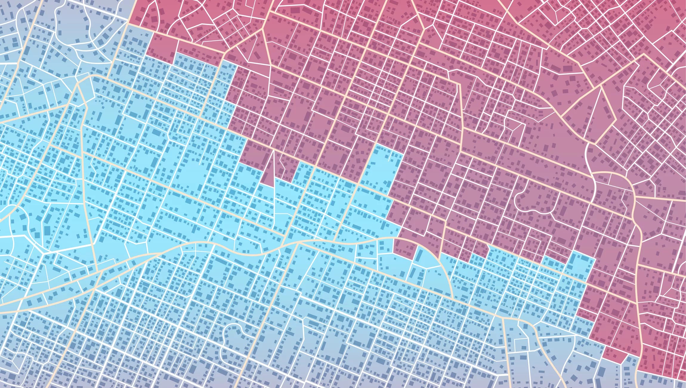 a city street map divided into red and blue sections