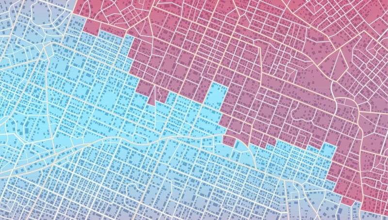 a city street map divided into red and blue sections