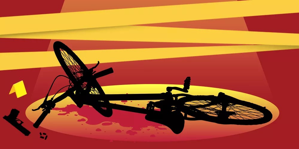 a illustrated silhouette of a bike on the ground with blood around it, under a spotlight