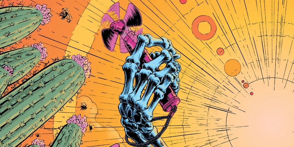 a skeleton hand holds a portable fan in the sun