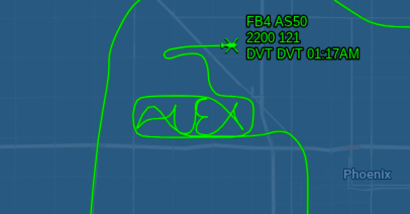 a flgiht path of a helicopter showing it spelling "ALEX"